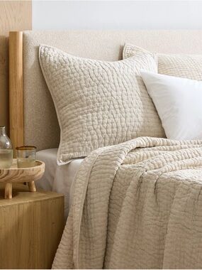 New Quince European Linen Cotton Stitch Quilted Euro Shams x 2 - Natural $69.80